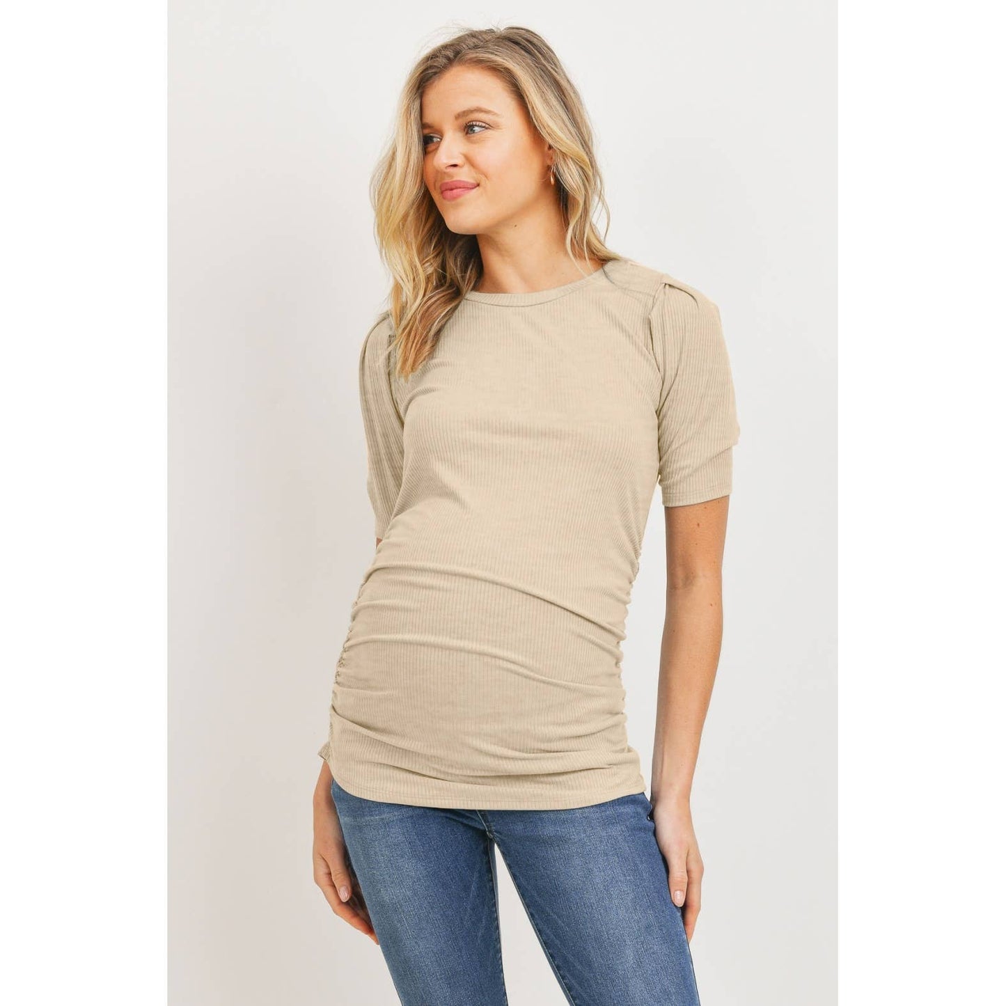 Puff Sleeve Ribbed Ruched Maternity Top
