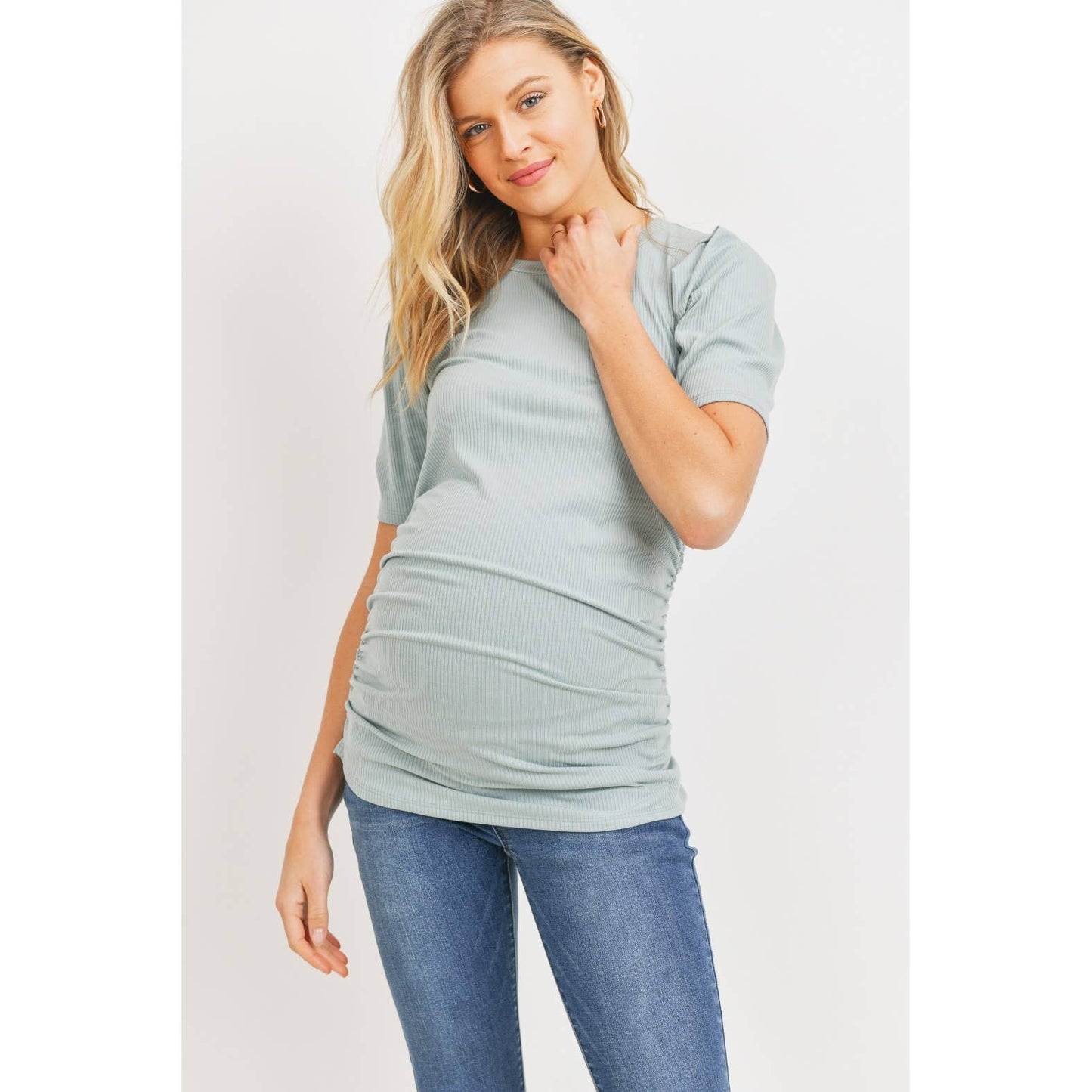 Puff Sleeve Ribbed Ruched Maternity Top