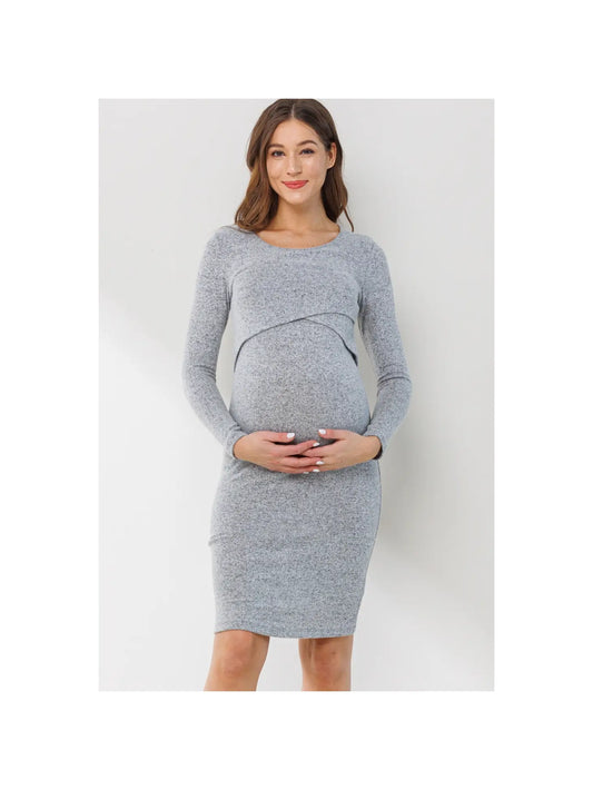 Grey Double Layer Long Sleeve Nursing Maternity Dress