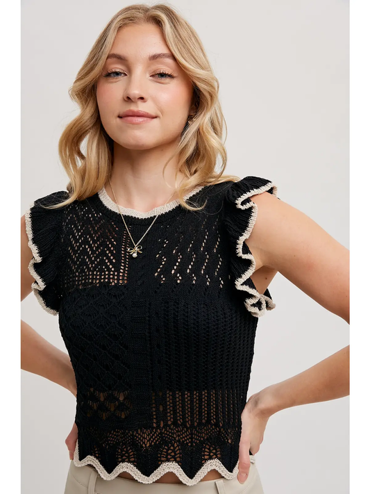 Eyelet Contrast Knit Ruffled Scalloped Top