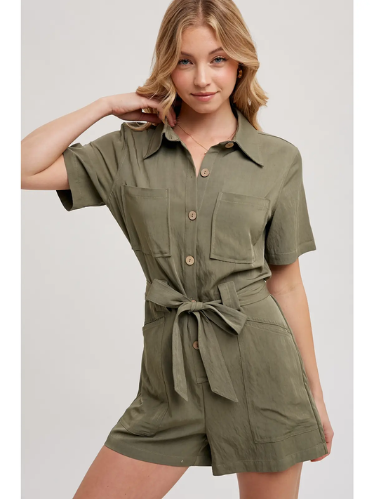 Button Down Belted Utility Romper
