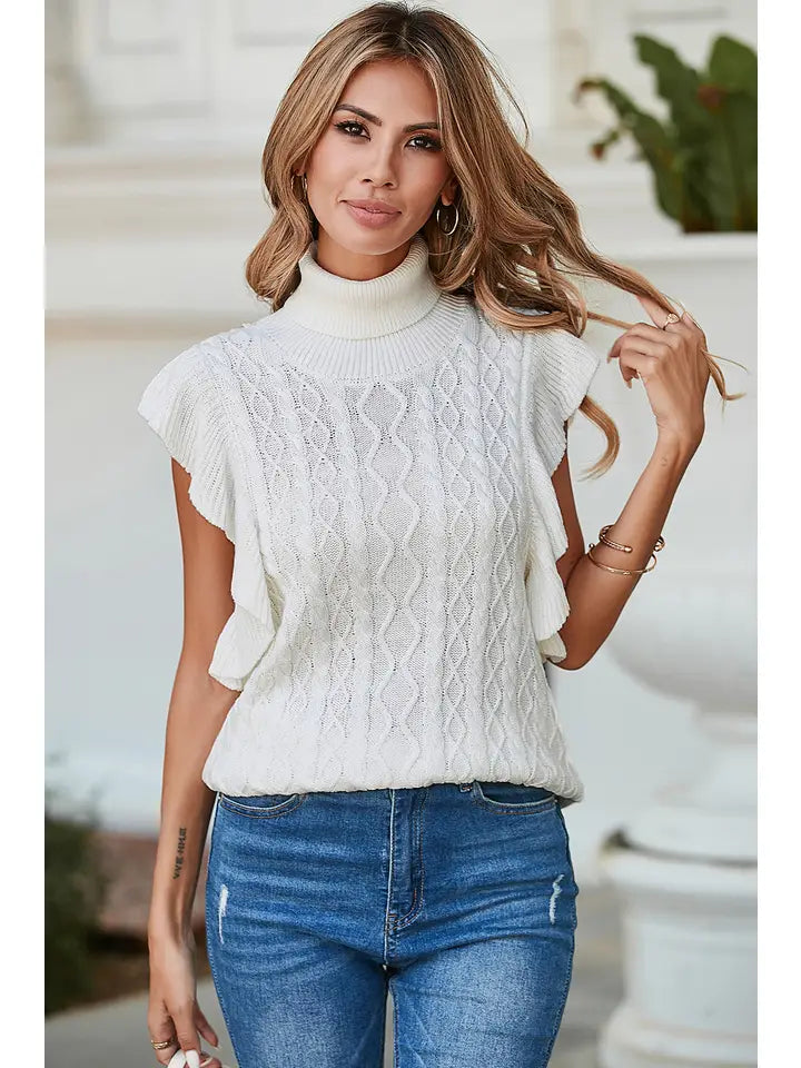 White Turtle Neck Short Sleeve Cable Knit Ruffled Sweater