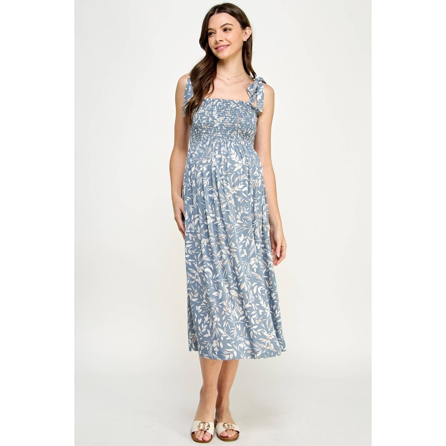 Light Blue Smocked Sleeveless Maternity Midi Dress