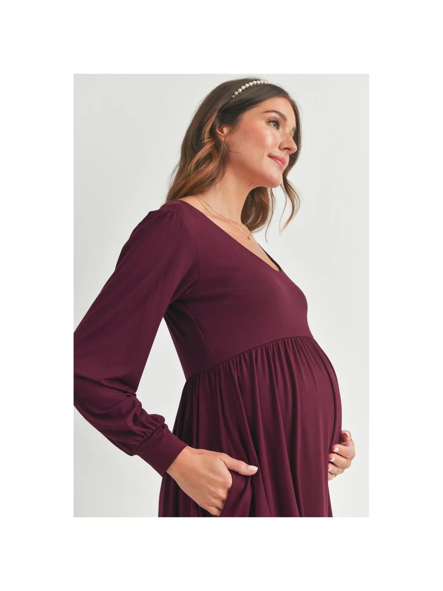 Burgundy Round Neck Front Pleat Maternity Dress