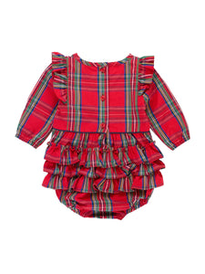 'Tis The Season Plaid Long Sleeve Ruffle Trim Bubble Romper