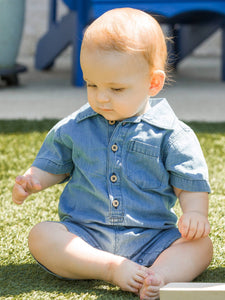 Baby Boys Light Wash Denim Button-Up Romper