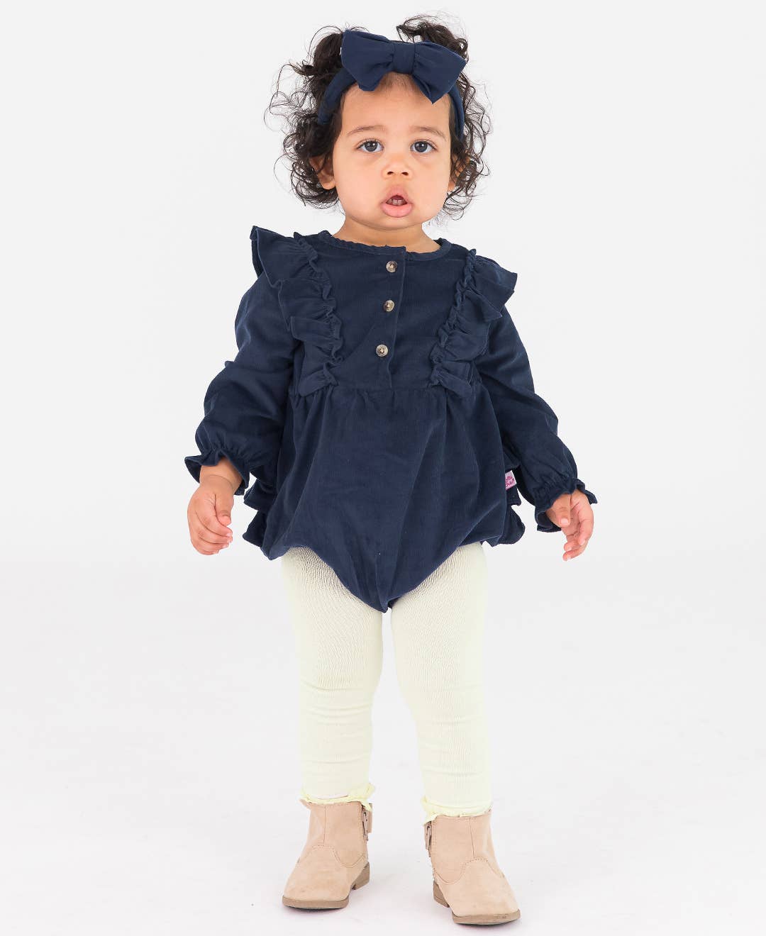 Baby Girls Dark Navy Stretch Corduroy Waterfall Bubble Romper