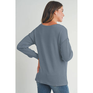 Ribbed Knit Split Neck Maternity Long Sleeve Top