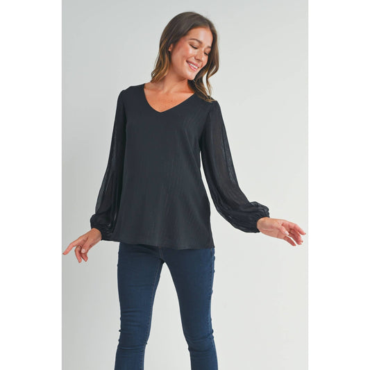 Black Pleated Long Sleeve Maternity Blouse