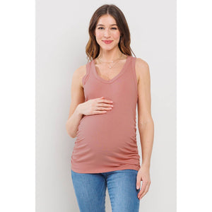 V-Neck Ribbed Knit Maternity Ruched Tank Top