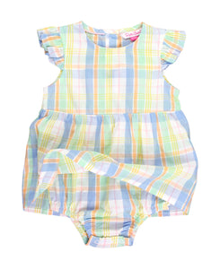 RuffleButts + RuggedButts® Rainbow Plaid Skirted Romper