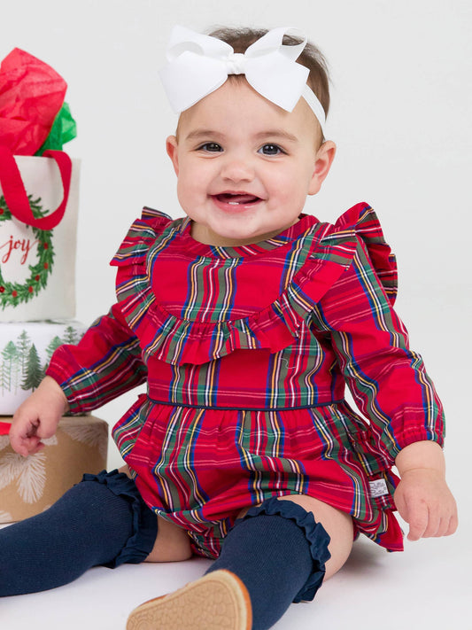 'Tis The Season Plaid Long Sleeve Ruffle Trim Bubble Romper