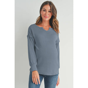 Ribbed Knit Split Neck Maternity Long Sleeve Top