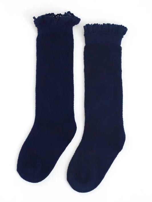 Navy Fancy Lace Top Knee High Socks