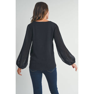 Black Pleated Long Sleeve Maternity Blouse