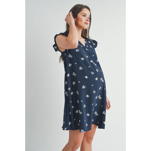 Floral Ruffle Cap Sleeve Maternity V-Neck Dress