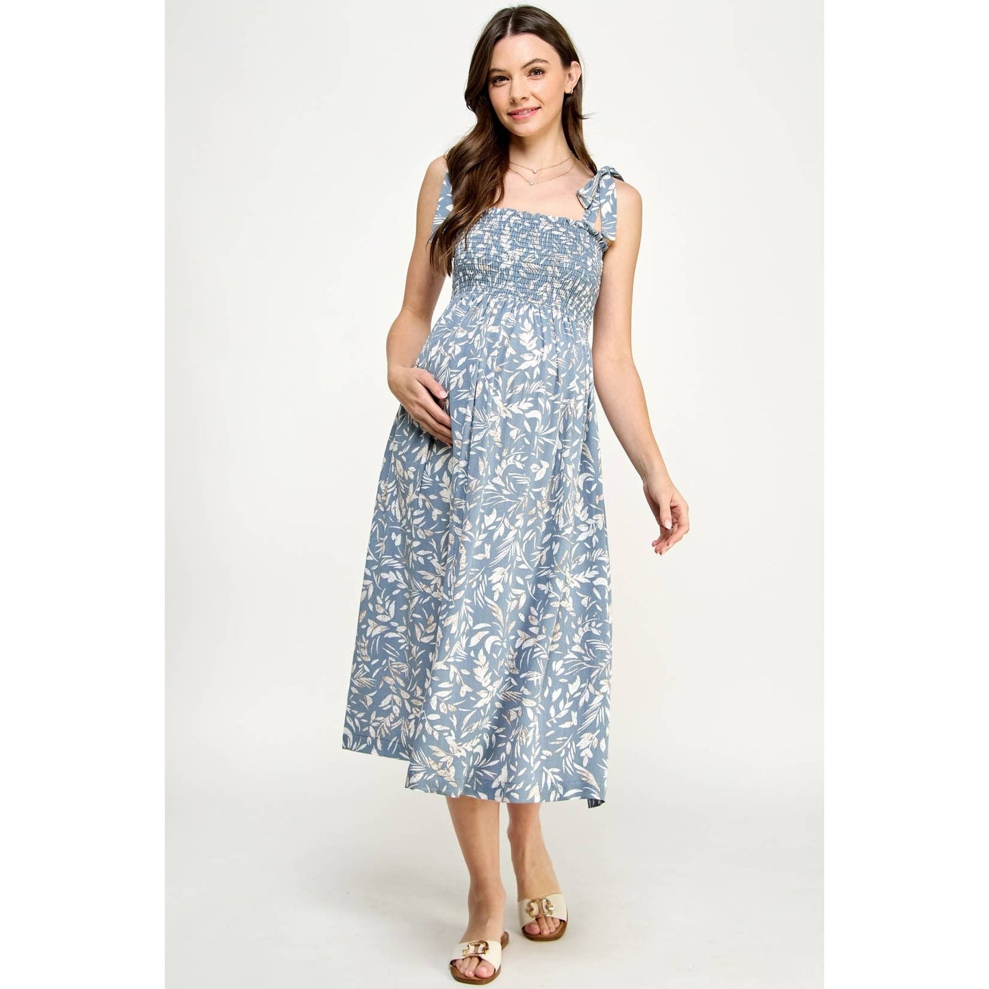 Light Blue Smocked Sleeveless Maternity Midi Dress