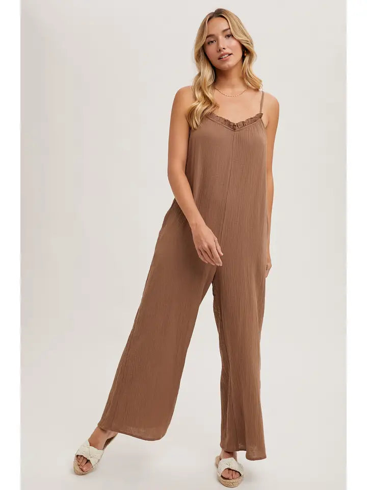 Sleeveless Scoop Back Ruffled Neckline Jumpsuit