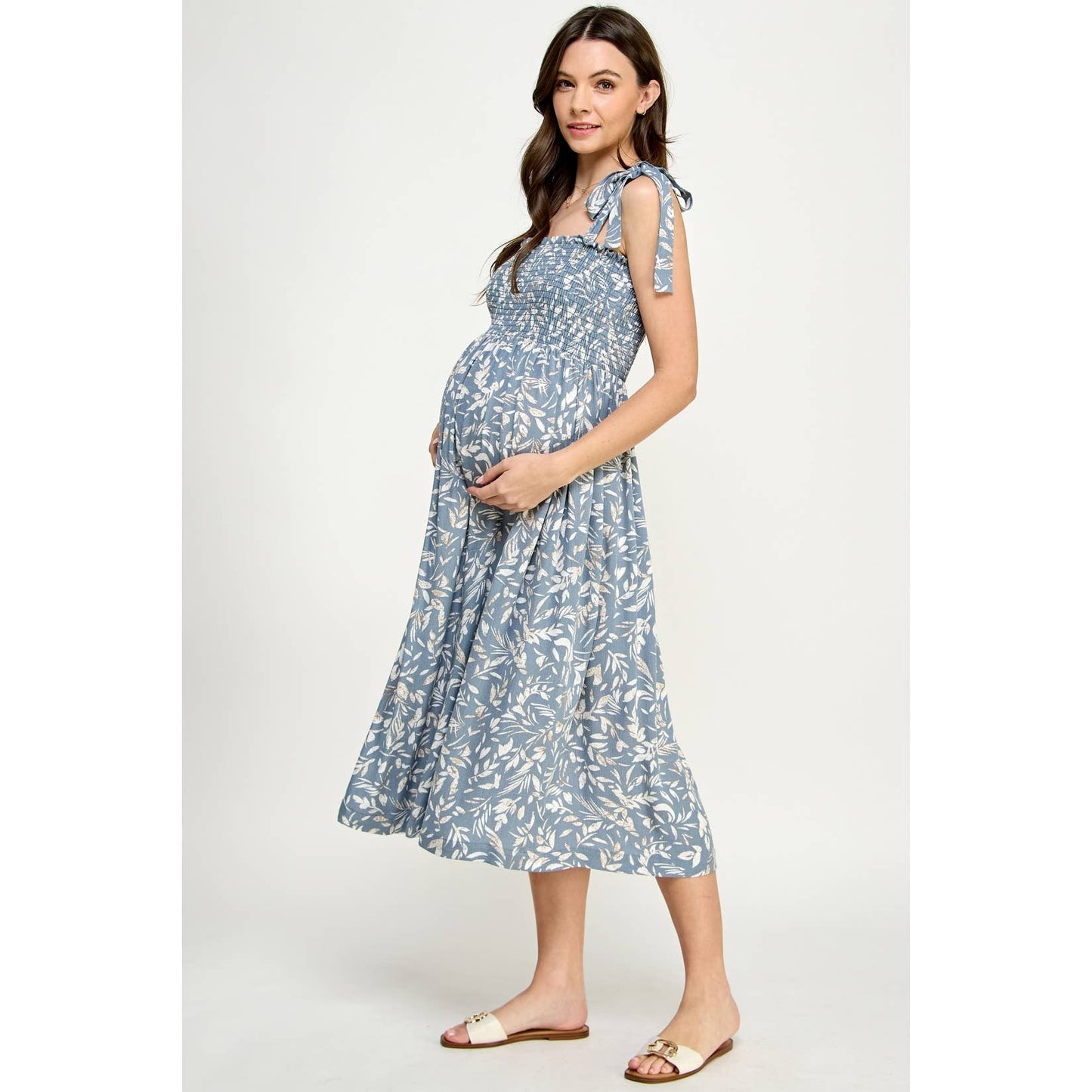 Light Blue Smocked Sleeveless Maternity Midi Dress