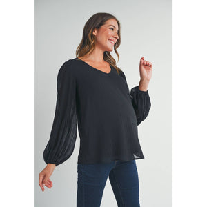 Black Pleated Long Sleeve Maternity Blouse