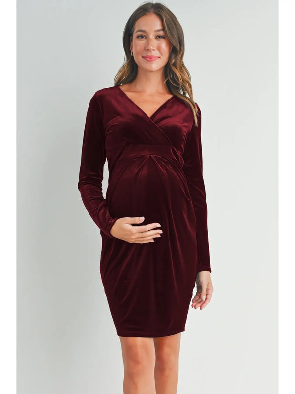 Burgundy Velvet Surplice Neck Front Pleat Maternity Dress