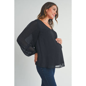 Black Pleated Long Sleeve Maternity Blouse