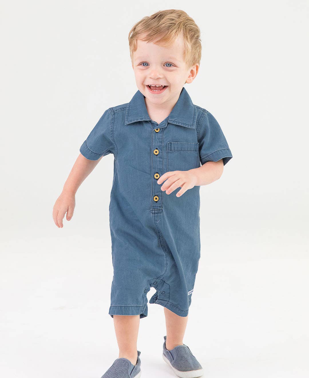 Baby Boys Light Wash Denim Button-Up Romper