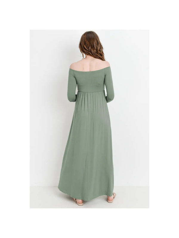Green Off Shoulder Long Sleeve Maternity Maxi Dress