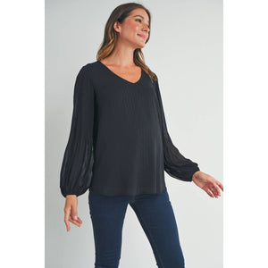 Black Pleated Long Sleeve Maternity Blouse