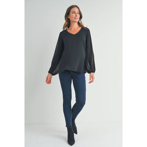 Black Pleated Long Sleeve Maternity Blouse