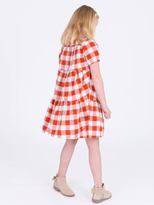 Girls Rust Plaid Puff Short Sleeve Tiered Dress