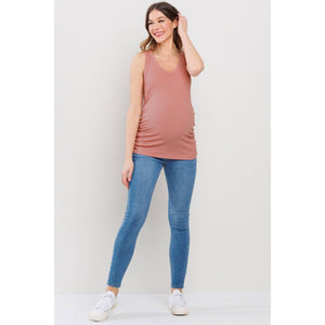 V-Neck Ribbed Knit Maternity Ruched Tank Top