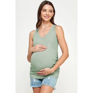 V-Neck Ribbed Knit Maternity Ruched Tank Top