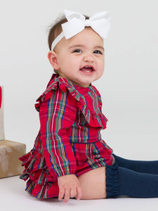 'Tis The Season Plaid Long Sleeve Ruffle Trim Bubble Romper