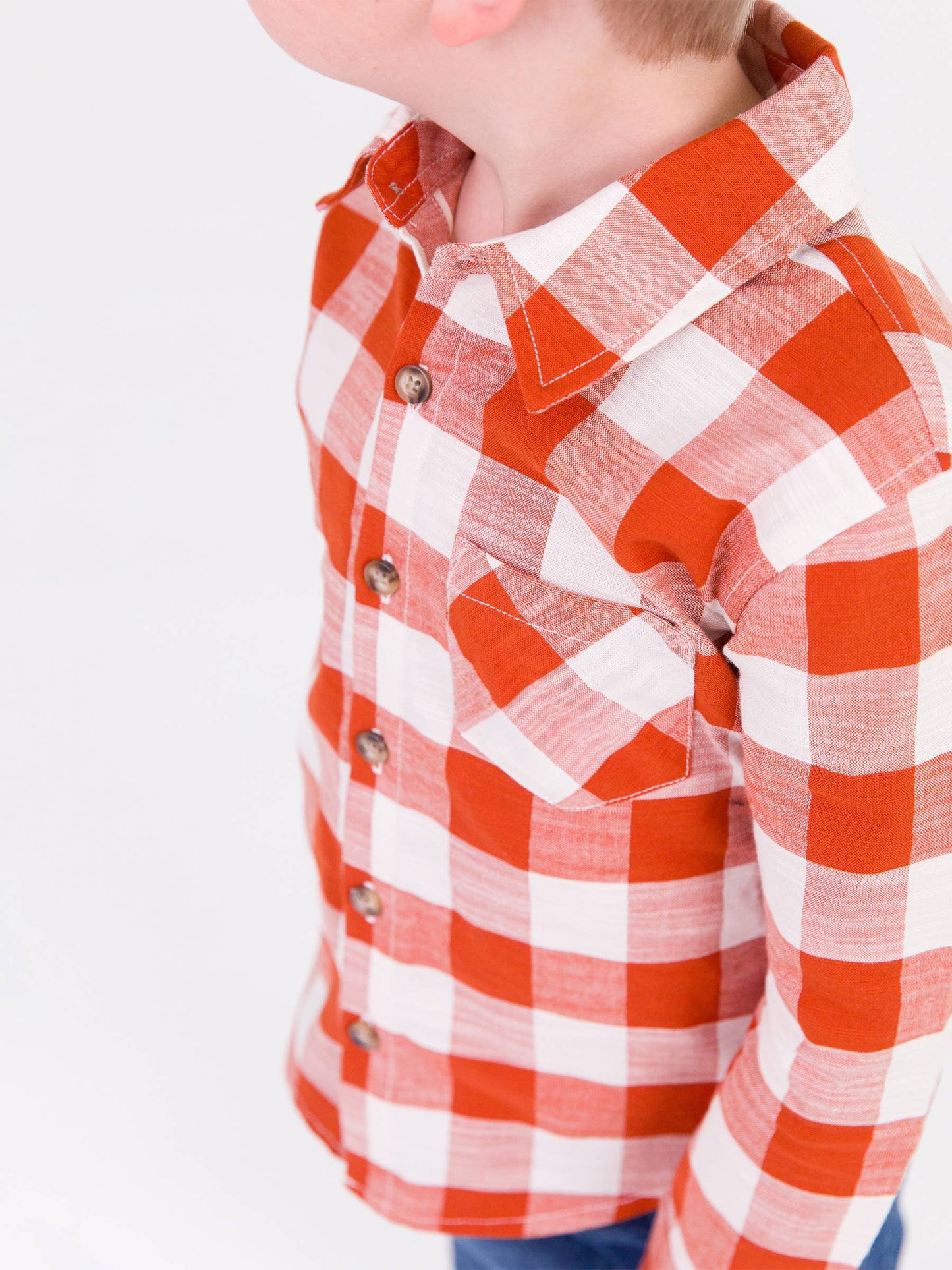 Boys Rust Plaid Long Sleeve Button Down Shirt