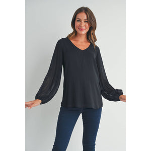 Black Pleated Long Sleeve Maternity Blouse