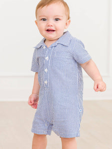 RuffleButts + RuggedButts® Classic Blue Seersucker Romper