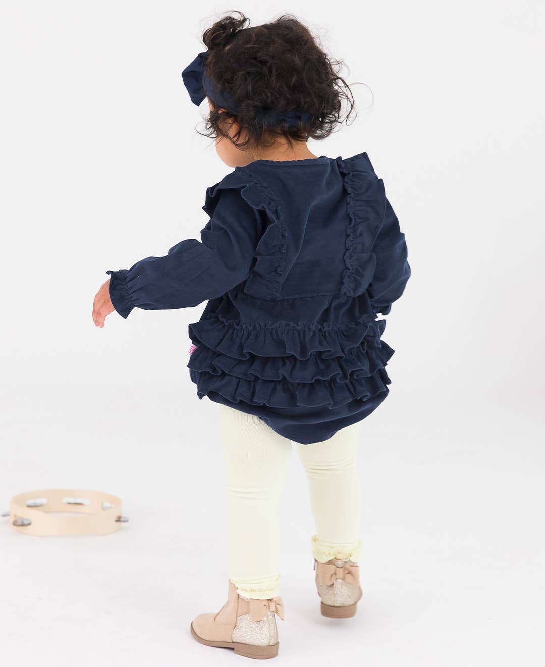 Baby Girls Dark Navy Stretch Corduroy Waterfall Bubble Romper