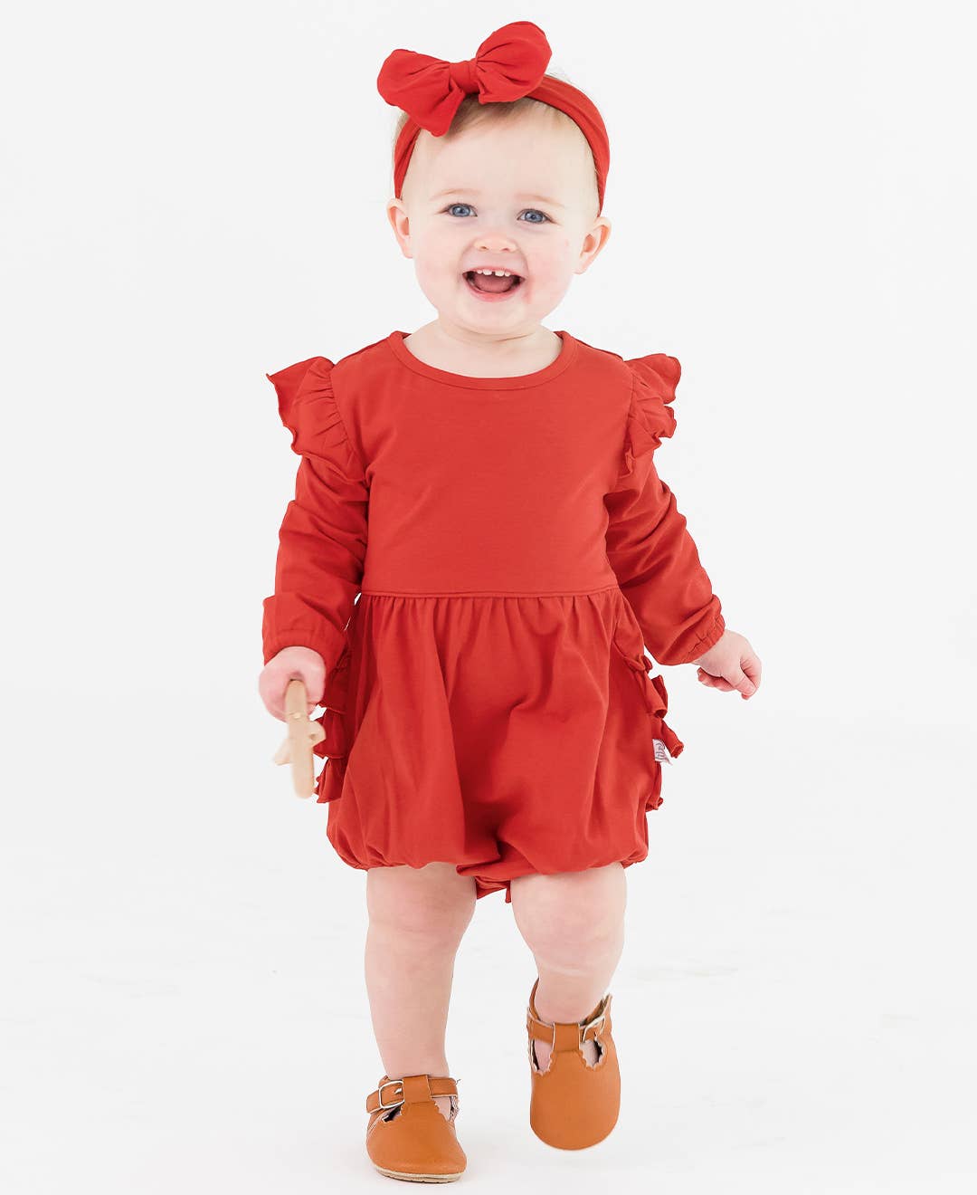 Baby Girls Red Knit Long Sleeve Flutter Bubble Romper