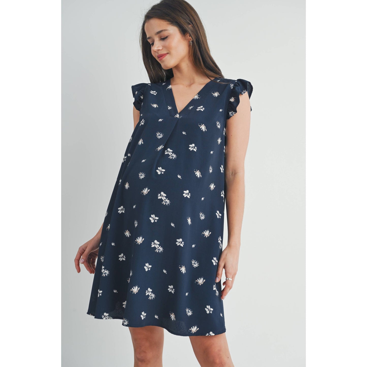 Floral Ruffle Cap Sleeve Maternity V-Neck Dress