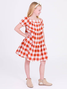 Girls Rust Plaid Puff Short Sleeve Tiered Dress