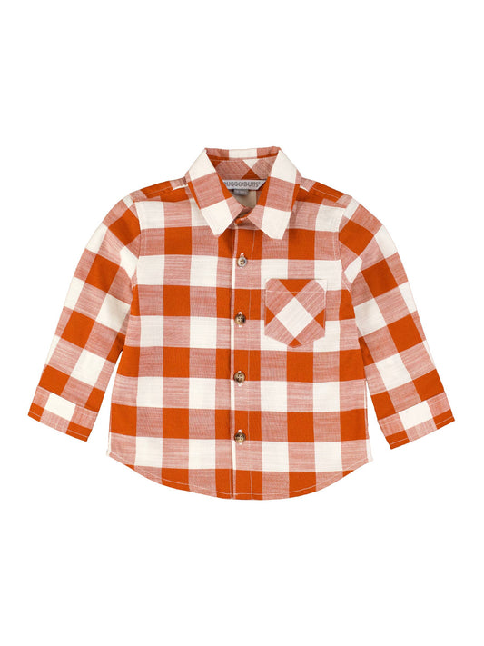 Boys Rust Plaid Long Sleeve Button Down Shirt