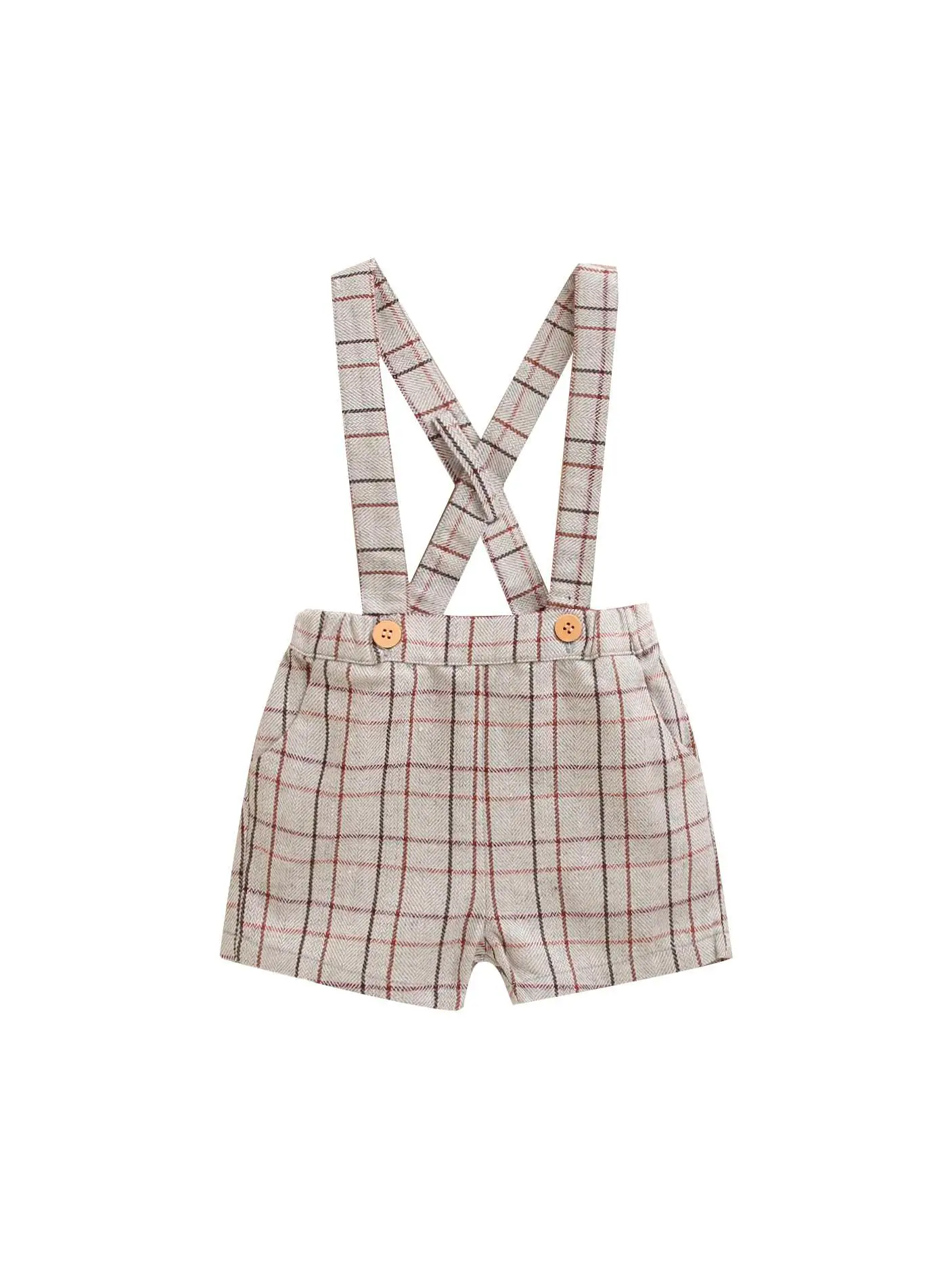 Baby Shorts with Straps Gray with Maroon and Brown Checkered
