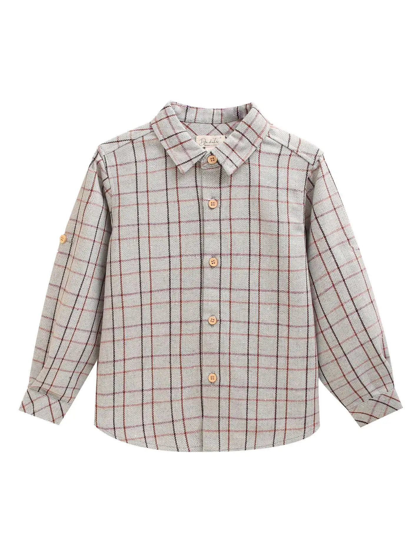 Gray Boy's Shirt with Red, Maroon and Brown Checkered