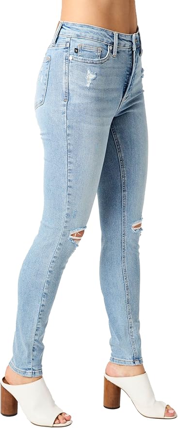 Judy Blue Women's Mid Rise Tummy Control Destroy Skinny Jeans