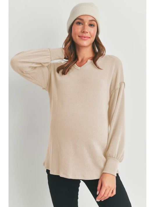 Split Neck Long Sleeve Maternity Relaxed Knit Top