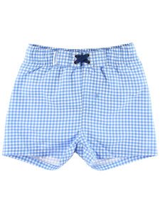 RuffleButts + RuggedButts® Cornflower Blue Gingham Swim Trunks