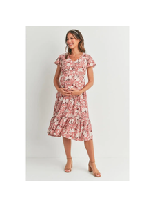 Floral Flutter Sleeve Maternity V-Neck Midi Dress