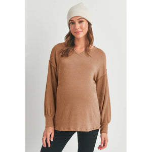 Ribbed Knit Split Neck Maternity Long Sleeve Top