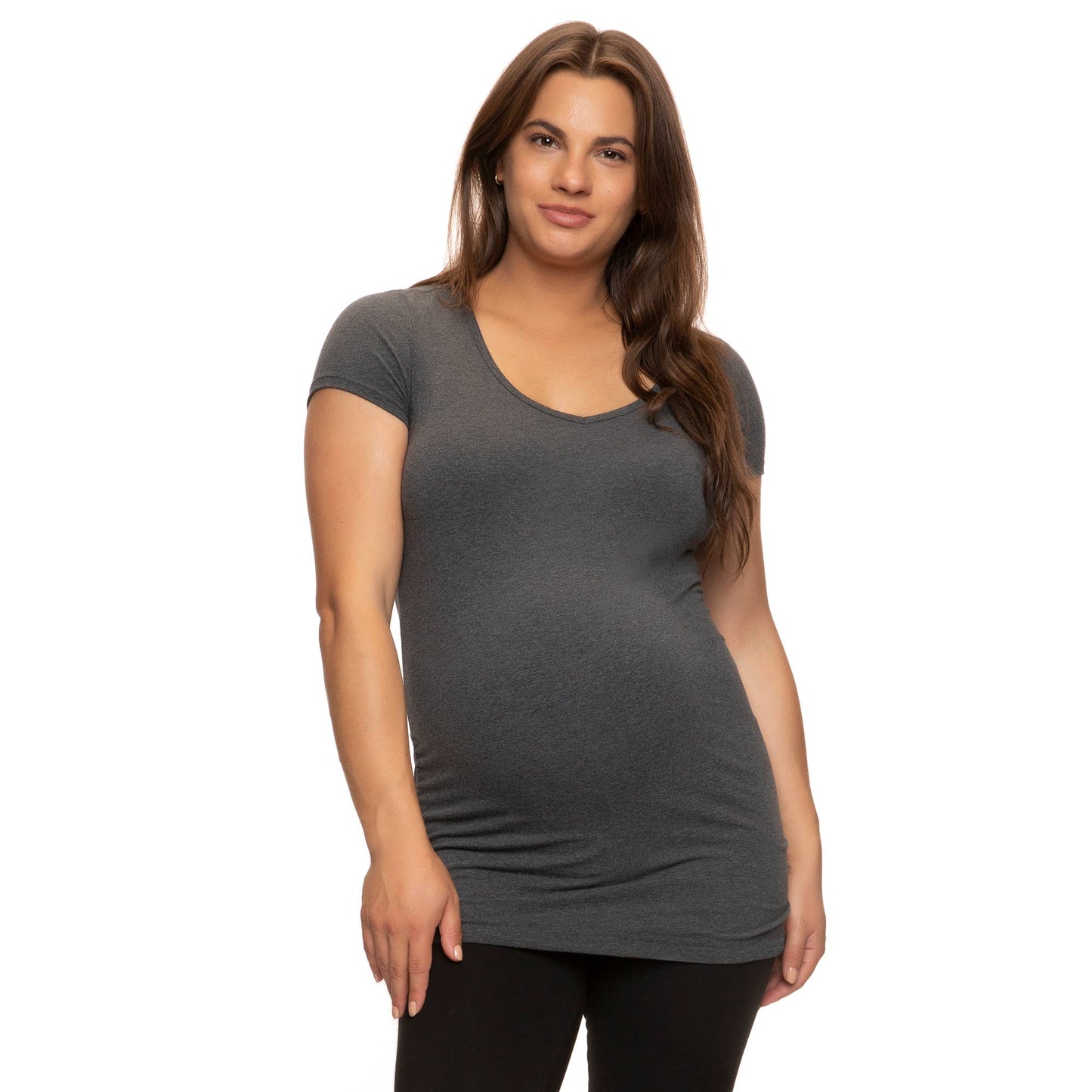 Heathered Charcoal Maternity V-Neck Tee with Side Shirring
